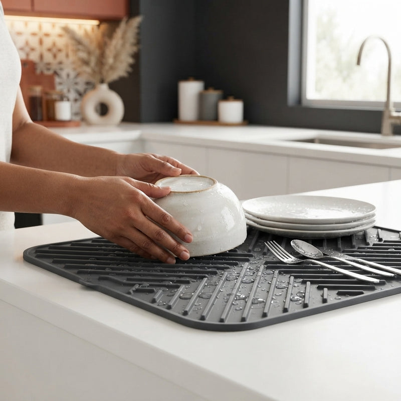 South Asian person placing a ceramic bowl on a charcoal silicone dish drying mat on a bright white kitchen countertop.