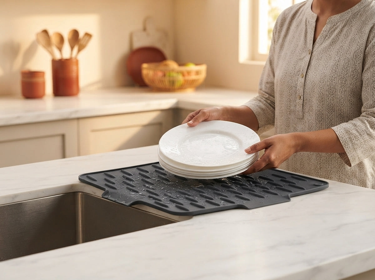 South Asian person placing clean plates on a charcoal silicone dish drying mat on a bright white kitchen countertop.