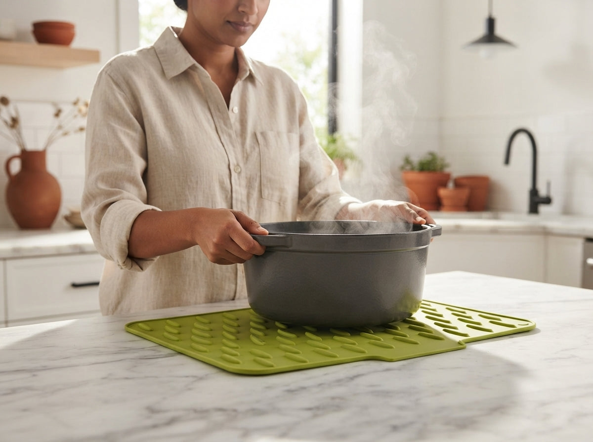 South Asian person placing a hot pot on a silicone drying mat on a marble countertop in a modern kitchen.