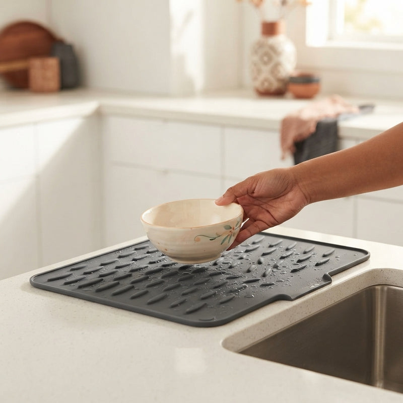 South Asian person placing a ceramic bowl on a non-slip charcoal grey silicone dish drying mat in a modern kitchen.