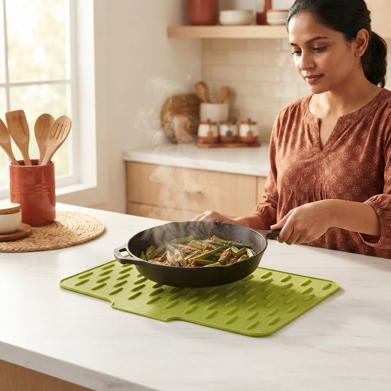 South Asian woman placing a hot pan on a charcoal silicone drying mat on a white marble kitchen counter.