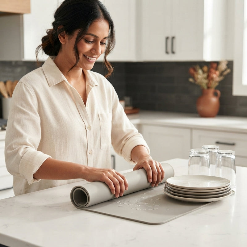 A South Asian woman rolling up a silicone dish drying mat in a modern kitchen with charcoal and sienna accents.
